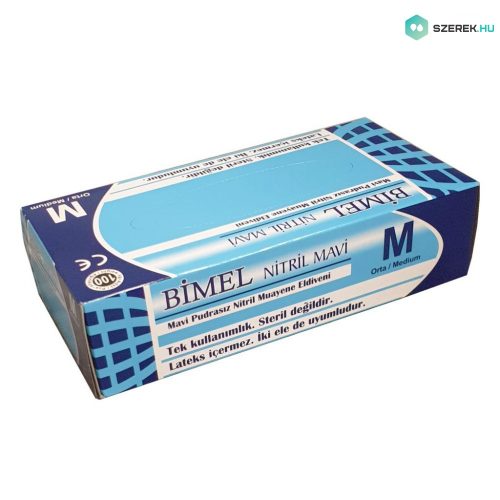 Bimel Nitril vizsgáló kesztyű, púdermentes, kék "M" 100 db/doboz