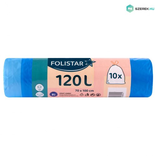 Folistar szemeteszsák 70x100cm, 120 literes HDPE 21 mikron kék, szalagos, 10 darab/tekercs
