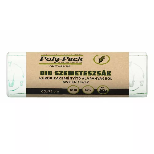 Kukoricakeményítő alapú (EN13432) PLA zsák 600x750x0,025mm, 60L, 10 darab/tekercs