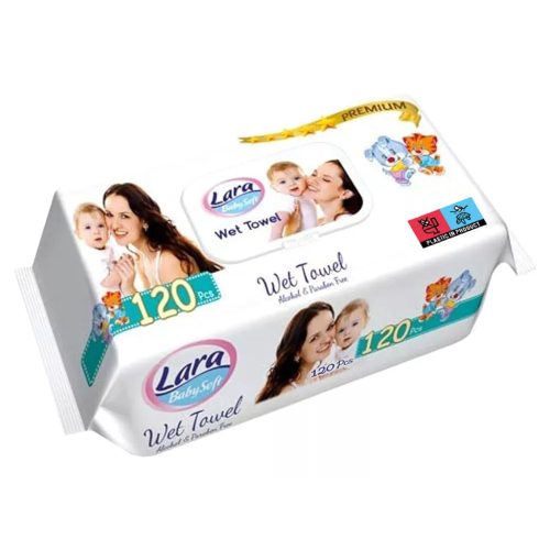 Lara Prémium Nedves Törlőkendő, alkoholmentes, parabénmentes Púder illatú (12db/csomag) 