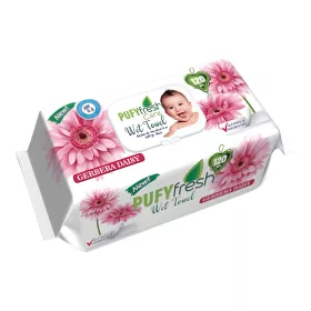   Pufy Fresh nedves törlőkendő, alkoholmentes, parabénmentes, gerbera illatú, 120db/csomag