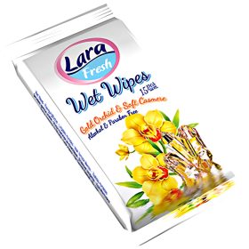 Lara Fresh nedves törlőkendő alkoholmentes Arany Orchidea és Puha Kasmír illatú (15 db)
