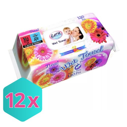 Lara Nedves Törlőkendő, alkoholmentes, parabénmentes Gerbera illatú (12db/csomag)  KARTON - 12 db