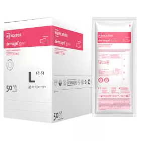   MERCATOR Dermagel gyno, steril speciális sebészeti kesztyű nőgyógyászati beavatkozásokhoz,hosszított mandzsettával 500 mm,púdermentes, L (50pár/doboz)