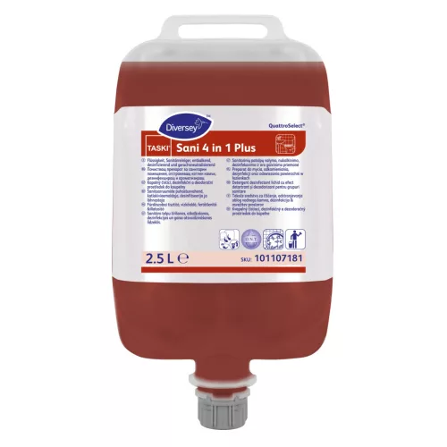 TASKI Sani 4 in 1 Plus 2.5L - Folyékony, tisztító és fertőtlenítőszer, vízkóoldó és illatosító hatással QuattroSelect kiszerelésben