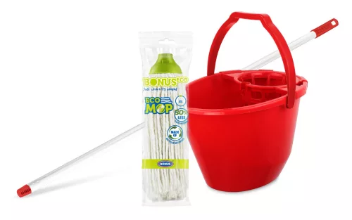 Bonus Felmosó szett-vödör PIROS 11L  csavaró kosár, felmosó nyél 120cm CottonMop 190gr
