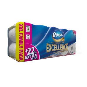 Ooops! Excellence toalettpapír kistekercses 3r., hófehér, 150lap/tek, 20tek/csg, 3csg/karton, 18karton/raklap
