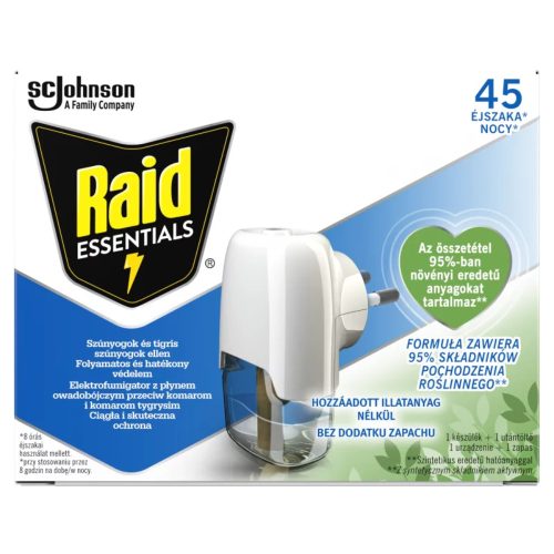 Raid Essential Elektromos 45 éjszakás szúnyogirtó illatmentes Készülék+UTÁNTÖLTŐ folyadék 27 ml  (6db/karton)