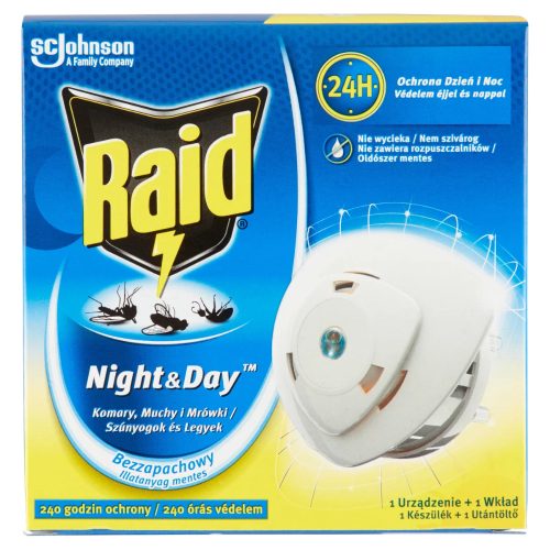Raid Night & Day 240 órás szúnyog- és légyirtó párologtató készülék + 1db utántöltő