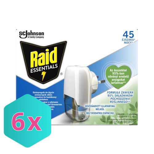 Raid Essential Elektromos 45 éjszakás szúnyogirtó illatmentes Készülék+UTÁNTÖLTŐ folyadék 27 ml KARTON - 6 db