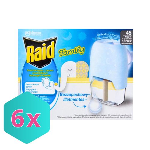 Raid Family Elektromos 45 éjszakás szúnyogirtó Illatmentes Készülék+UTÁNTÖLTŐ folyadék 27 ml KARTON - 6 db