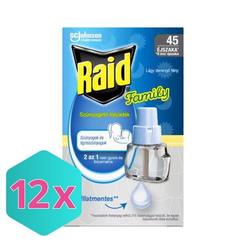 Raid Family Elektromos 45 éjszakás szúnyogirtó Illatmentes UTÁNTÖLTŐ folyadék 27 ml KARTON - 12 db
