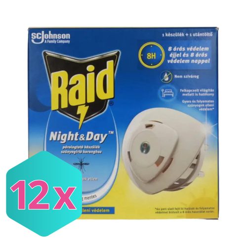 Raid Night & Day 240 órás szúnyog- és légyirtó párologtató készülék + 1db utántöltő KARTON - 12 db